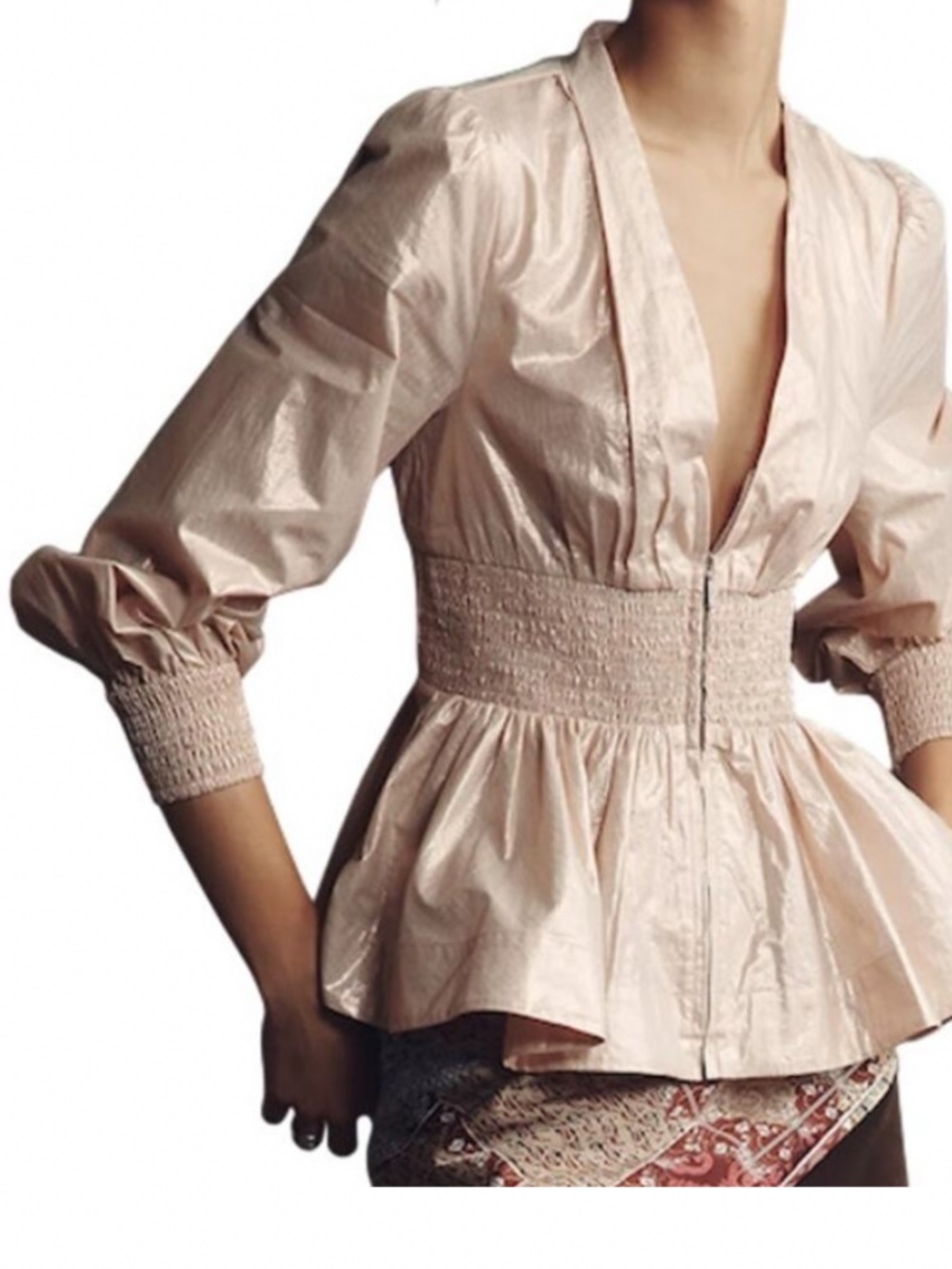 Maeve Anthropologie Tommie Long Sleeve Smocked Zip Blouse Top Sz S Rose Gold